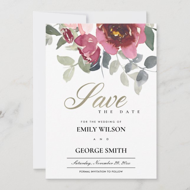 CHIC BLUSH BURGUNDY ROSE FLORAL SAVE THE DATE CARD (Front)