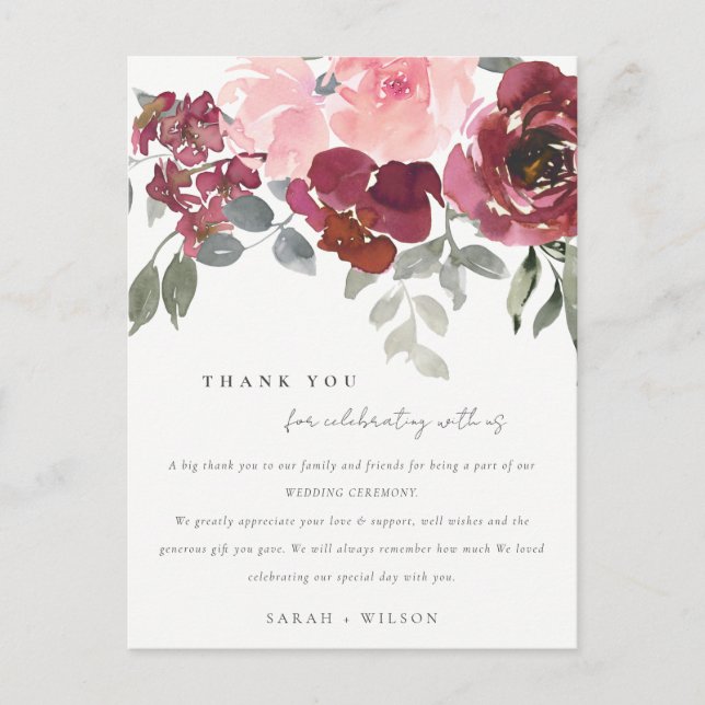 CHIC BLUSH BURGUNDY ROSE FLORAL WEDDING THANK YOU ANNOUNCEMENT POSTCARD (Front)