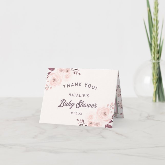 Chic Blush & Cream Floral Baby Shower Thank You Note Card (Front)
