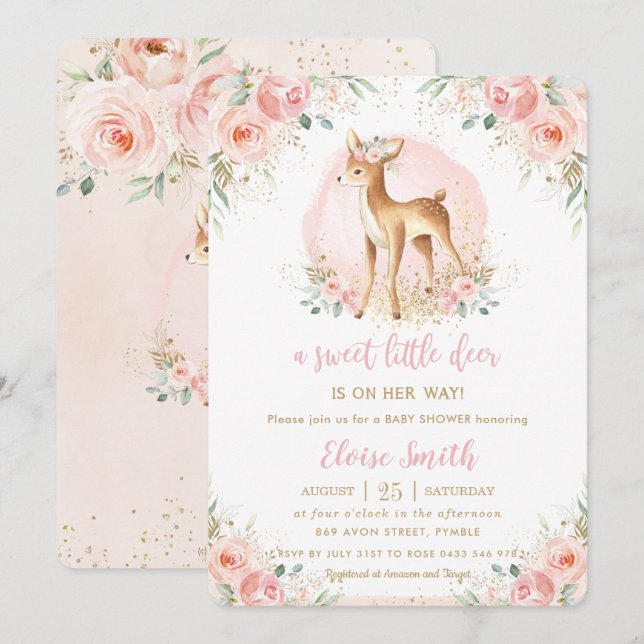 Chic Blush Floral Baby Deer Fawn Girl Baby Shower Invitation (Front/Back)