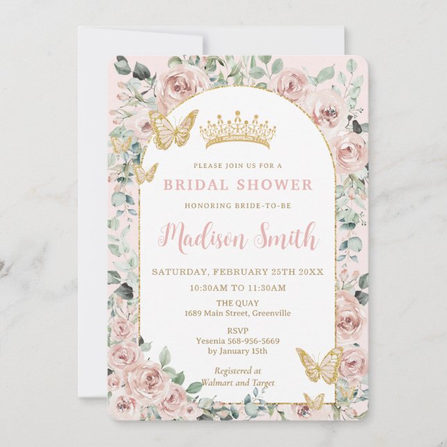 Chic Blush Floral Butterflies Royal Bridal Shower Invitation (Front)