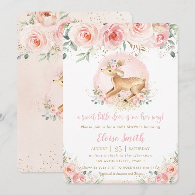 Chic Blush Floral Cute Baby Deer Girl Baby Shower Invitation (Front/Back)