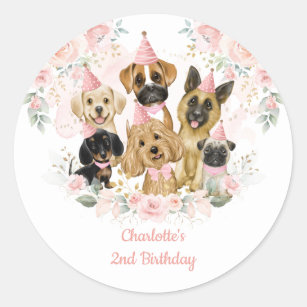 Chic Blush Floral Dogs Puppies Birthday Party Classic Round Sticker