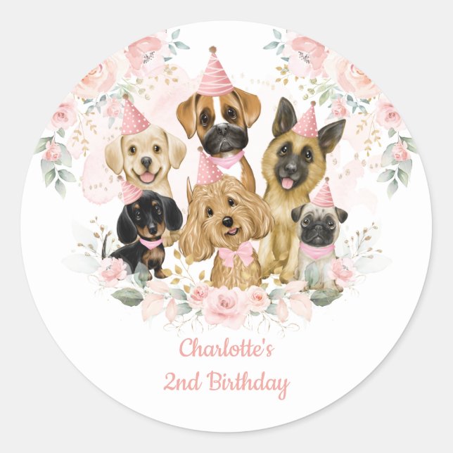 Chic Blush Floral Dogs Puppies Birthday Party Classic Round Sticker (Front)