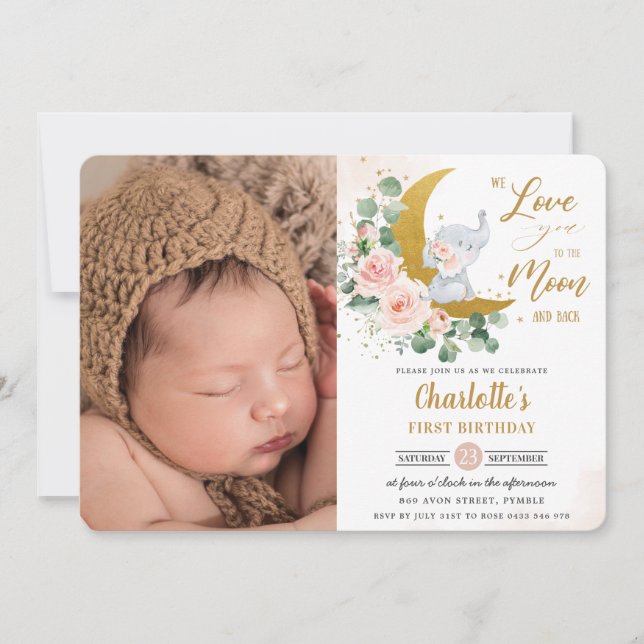 Chic Blush Floral Elephant 1st Birthday Moon Photo Invitation (Front)