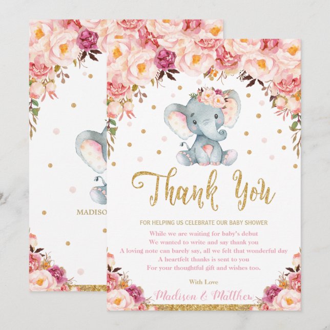 Chic Blush Floral Elephant Baby Shower Birthday Thank You Card (Front/Back)