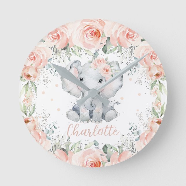 Chic Blush Floral Elephant Girl Bedroom Nursery Round Clock (Front)
