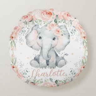 Chic Blush Floral Elephant Girl Bedroom Nursery Round Cushion