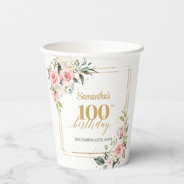 Chic blush floral eucalyptus gold 100th birthday  paper cups (Back)