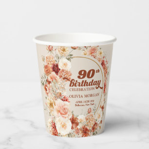 Chic blush floral eucalyptus gold 90th birthday paper cups