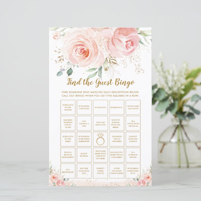 Chic Blush Floral Fun Bridal Find the Guest Bingo  (Standing Front)