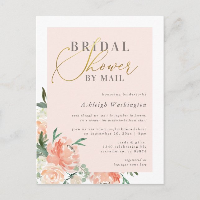 Chic Blush Floral Gold Bridal Shower By Mail Invitation Postcard (Front)