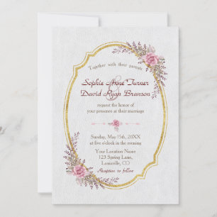 Chic Blush Floral Gold Frame White Wedding Invite