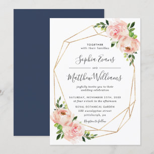 Chic Blush Floral Greenery Geometric Frame Wedding Invitation
