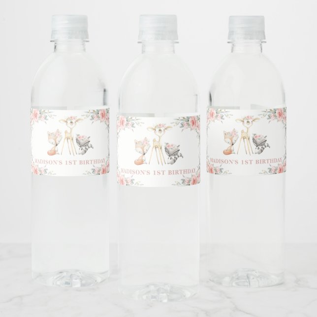 Chic Blush Floral Greenery Woodland 1st Birthday Water Bottle Label (Bottles)