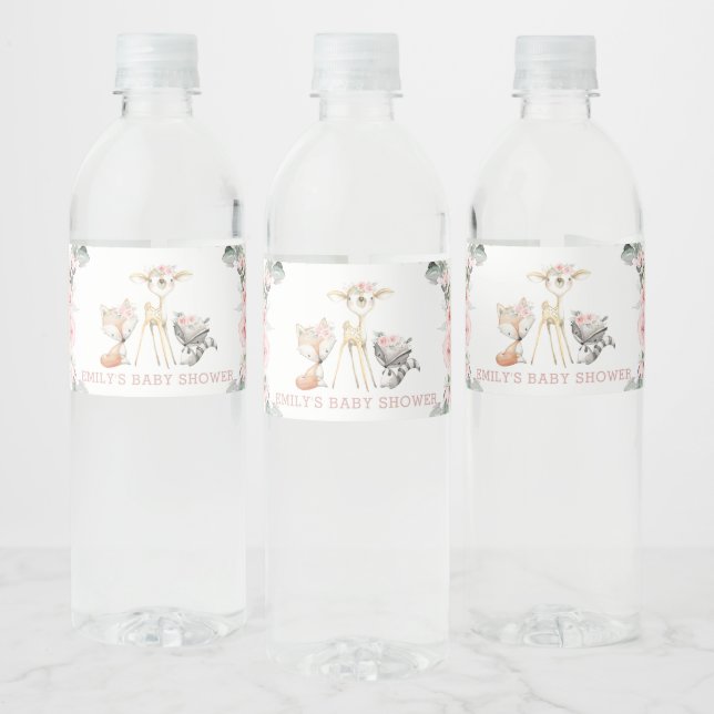 Chic Blush Floral Greenery Woodland Baby Shower Water Bottle Label (Bottles)
