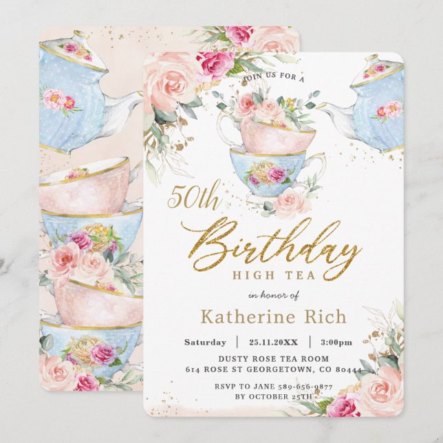 Chic Blush Floral High Tea Birthday Party ANY AGE  Invitation (Front/Back)