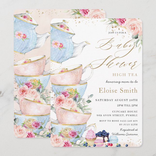 Chic Blush Floral High Tea Party Baby Shower   Invitation (Front/Back)
