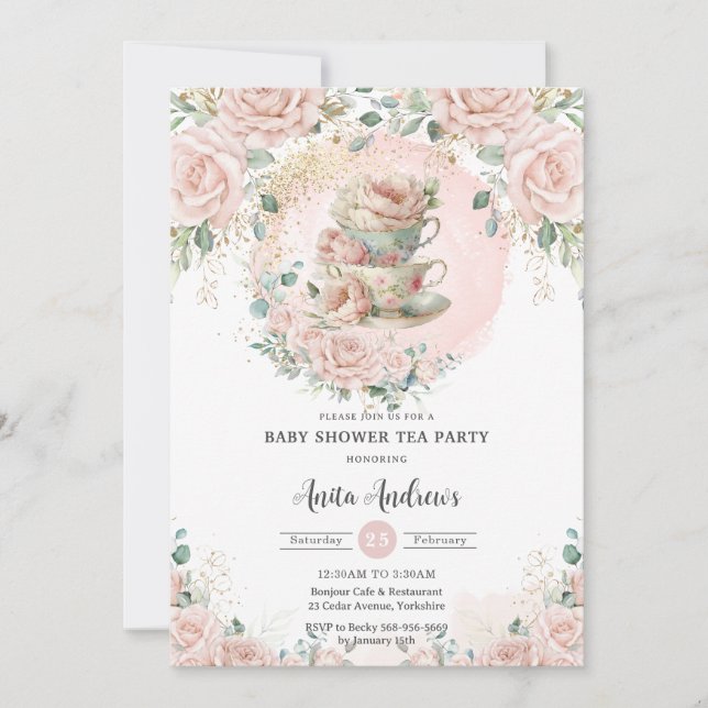 Chic Blush Floral High Tea Party Baby Shower  Invitation (Front)