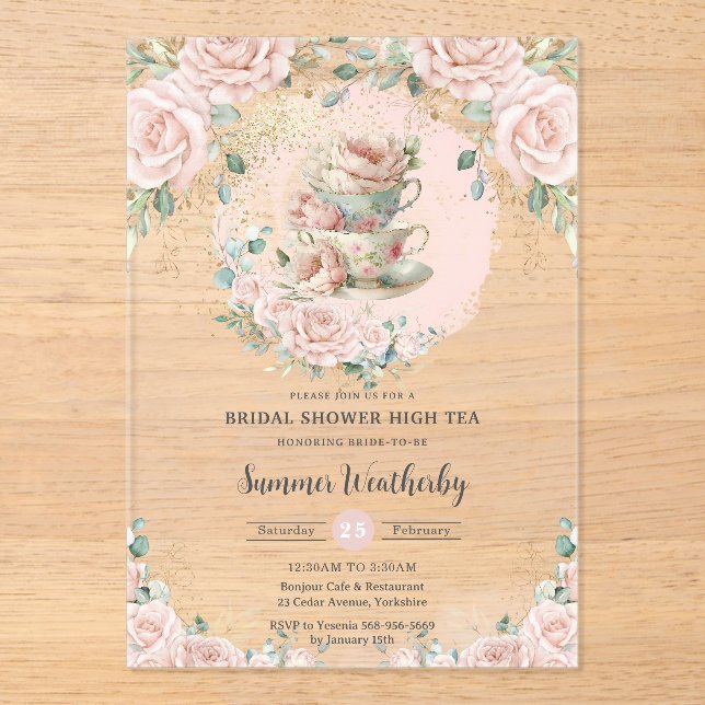 Chic Blush Floral High Tea Party Bridal Shower  Acrylic Invitations (Front)