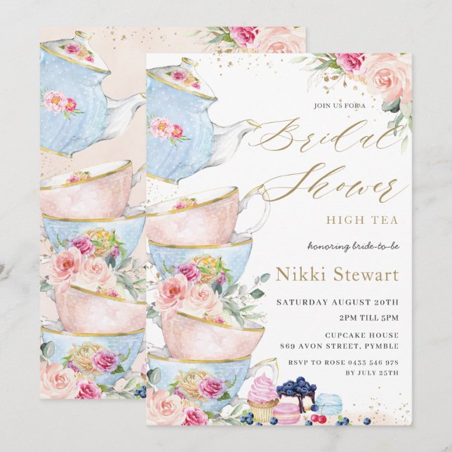 Chic Blush Floral High Tea Party Bridal Shower Invitation (Front/Back)