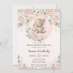 Chic Blush Floral High Tea Party Bridal Shower Invitation