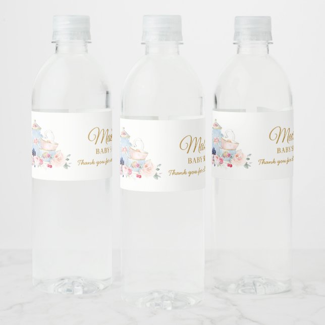 Chic Blush Floral High Tea Party Girl Baby Shower Water Bottle Label (Bottles)