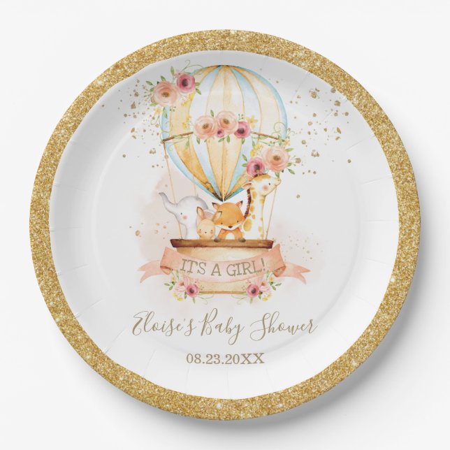 Chic Blush Floral Hot Air Balloon Baby Animals  Paper Plate (Front)