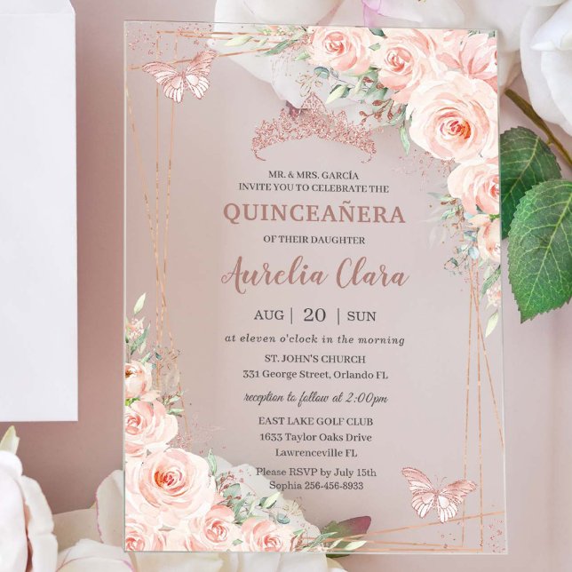 Chic Blush Floral Rose Gold Butterfly Quinceañera Acrylic Invitations (Creator Uploaded)