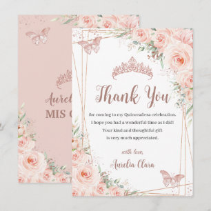 Chic Blush Floral Rose Gold Butterfly Quinceañera Thank You Card