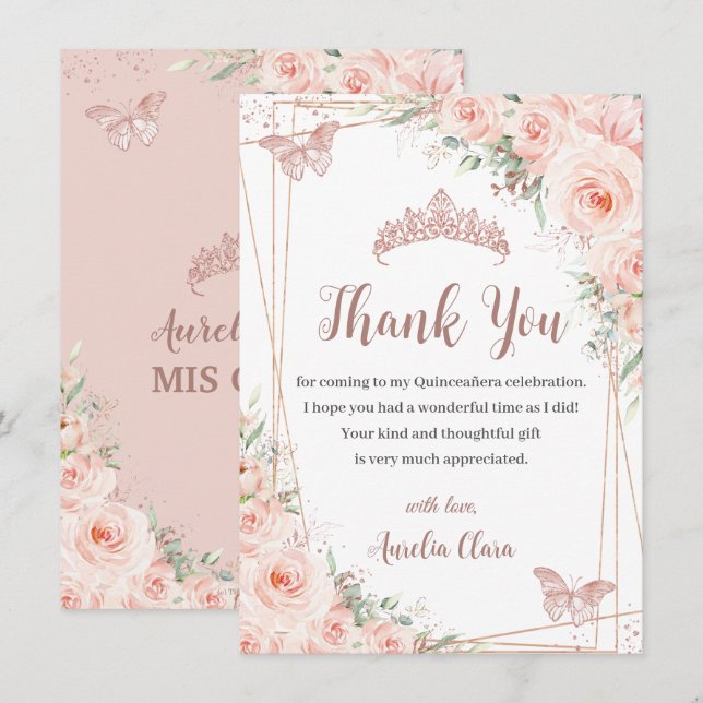 Chic Blush Floral Rose Gold Butterfly Quinceañera Thank You Card (Front/Back)