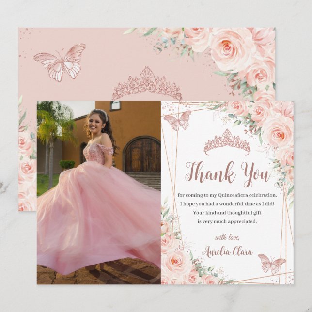 Chic Blush Floral Rose Gold Butterfly Quinceañera Thank You Card (Front/Back)