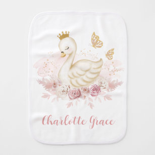 Chic Blush Floral Swan Princess with Butterflies Burp Cloth