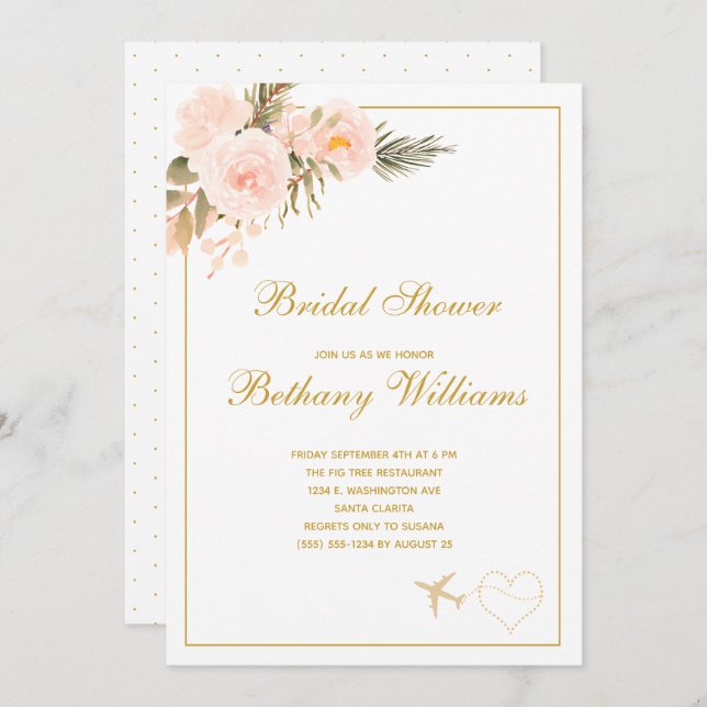 Chic Blush floral Travel Bridal Shower Invitation (Front/Back)