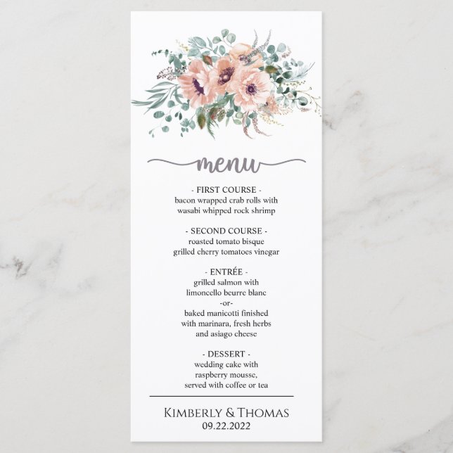 Chic Blush Floral Wedding Dinner Menu (Front)