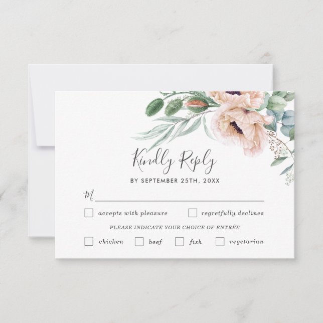Chic Blush Floral Wedding Meal Choice RSVP Card (Front)
