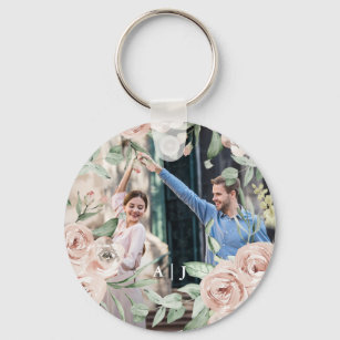 Chic Blush Floral with Monogram Photo Key Ring