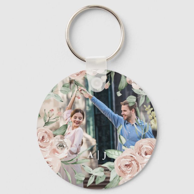 Chic Blush Floral with Monogram Photo Key Ring (Front)
