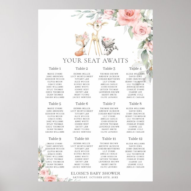 Chic Blush Floral Woodland Greenery Seating Chart (Front)
