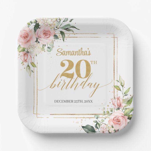 Chic blush flowers eucalyptus gold 20th birthday paper plate (Front)