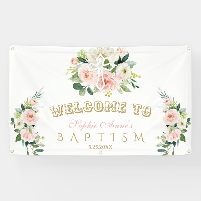 Chic Blush Flowers Girl Baptism Cross Welcome Sign (Horizontal)