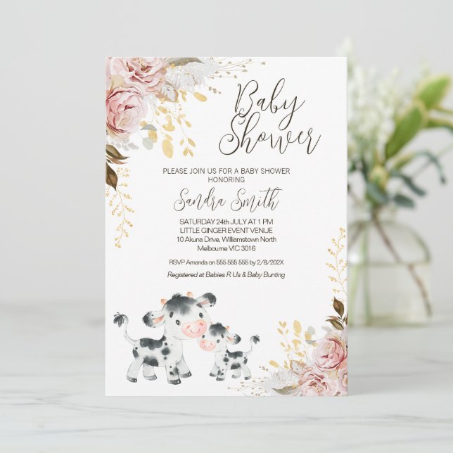 Chic Blush Gold Cow Calf Baby Shower Invitation (Standing Front)