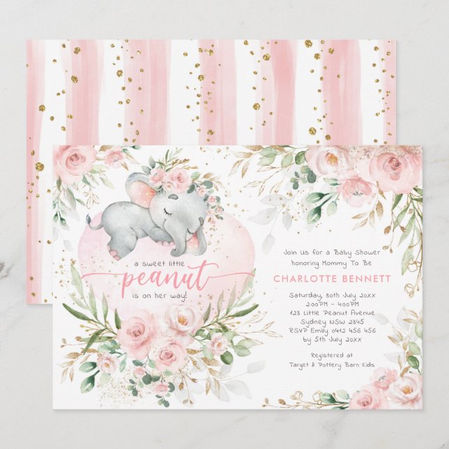 Chic Blush Gold Floral Elephant Girl Baby Shower Invitation (Front/Back)