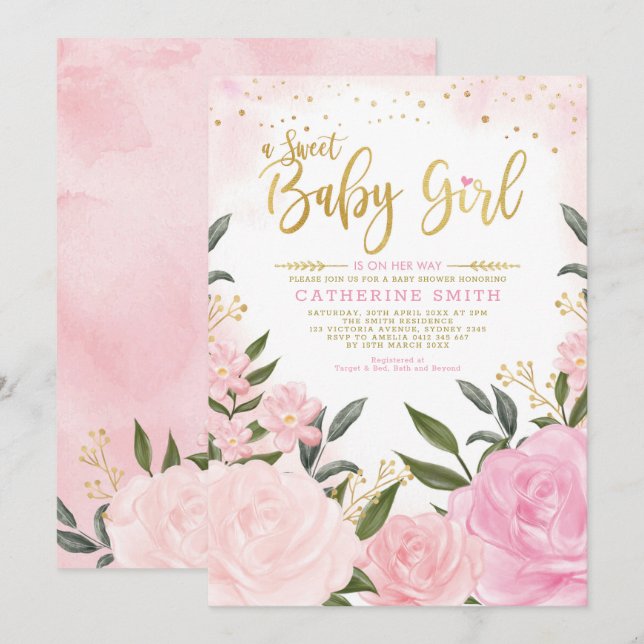 Chic Blush Gold Garden Floral Roses Baby Shower Invitation (Front/Back)
