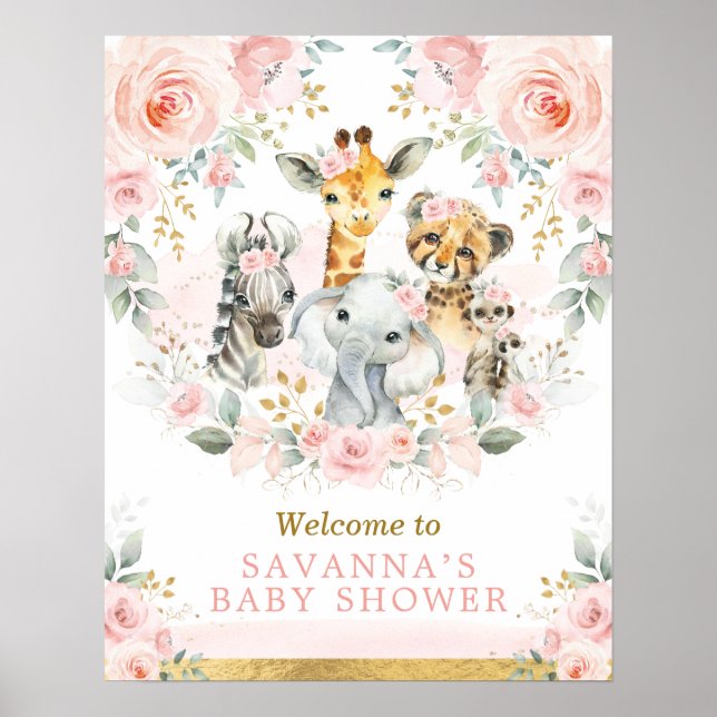 Chic Blush Gold Jungle Safari Baby Animals Welcome Poster (Front)