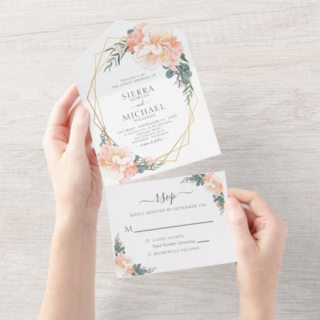 Chic Blush Gold Peach Dusty Blue Floral Wedding All In One Invitation (Tearaway)