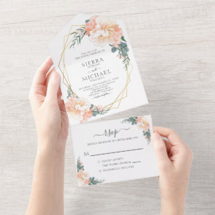 Chic Blush Gold Peach Dusty Blue Floral Wedding All In One Invitation