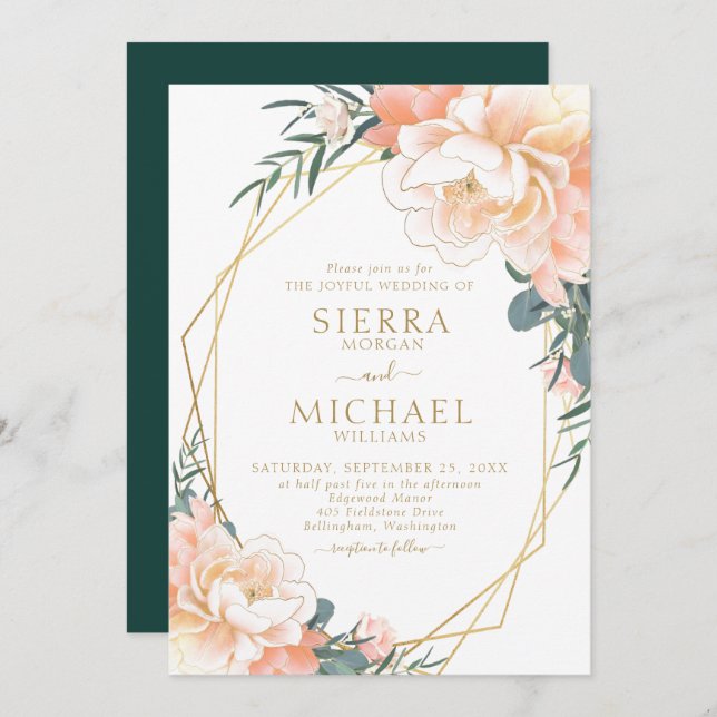 Chic Blush Gold Peach Emerald Green Floral Wedding Invitation (Front/Back)