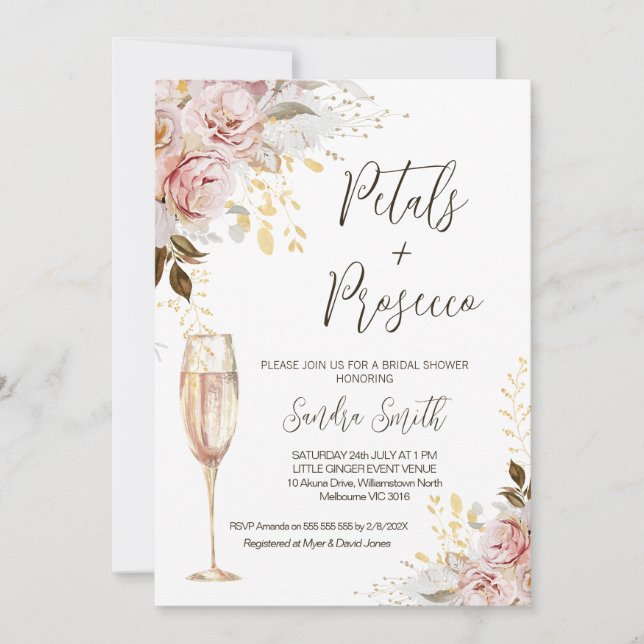 Chic Blush Gold Petals and Prosecco Bridal Shower Invitation (Front)