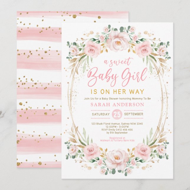 Chic Blush Gold Pink Floral Sweet Baby Girl Shower Invitation (Front/Back)